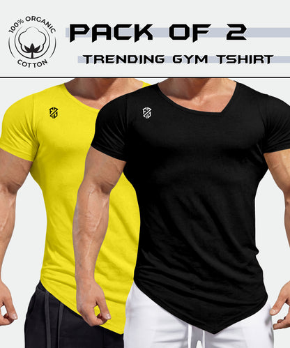Pack of 2 trending gym t-shirts for men, one yellow and one black, 100% organic cotton.