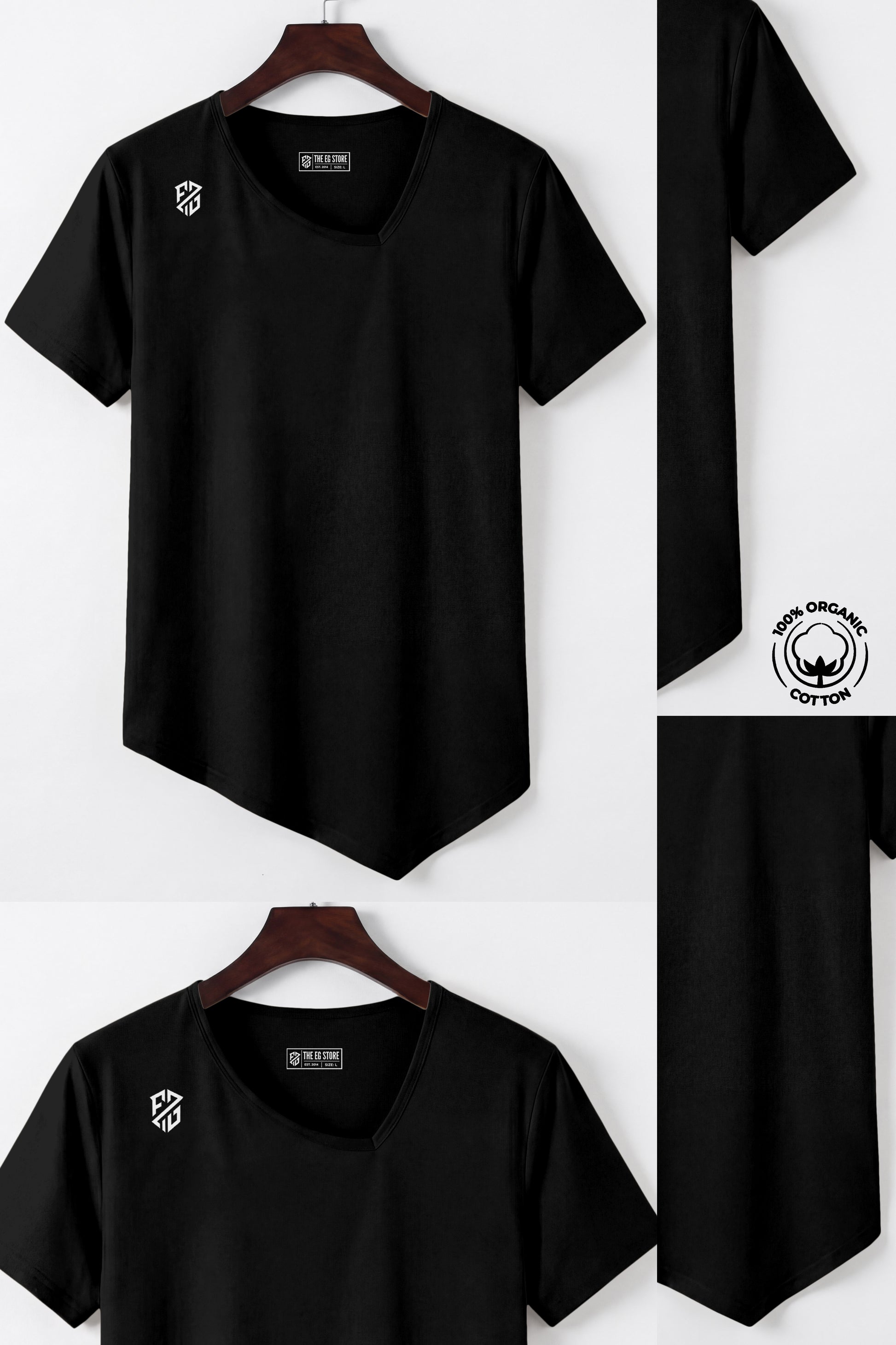 Black asymmetrical hem t-shirt made from 100% organic cotton, with white chest logo