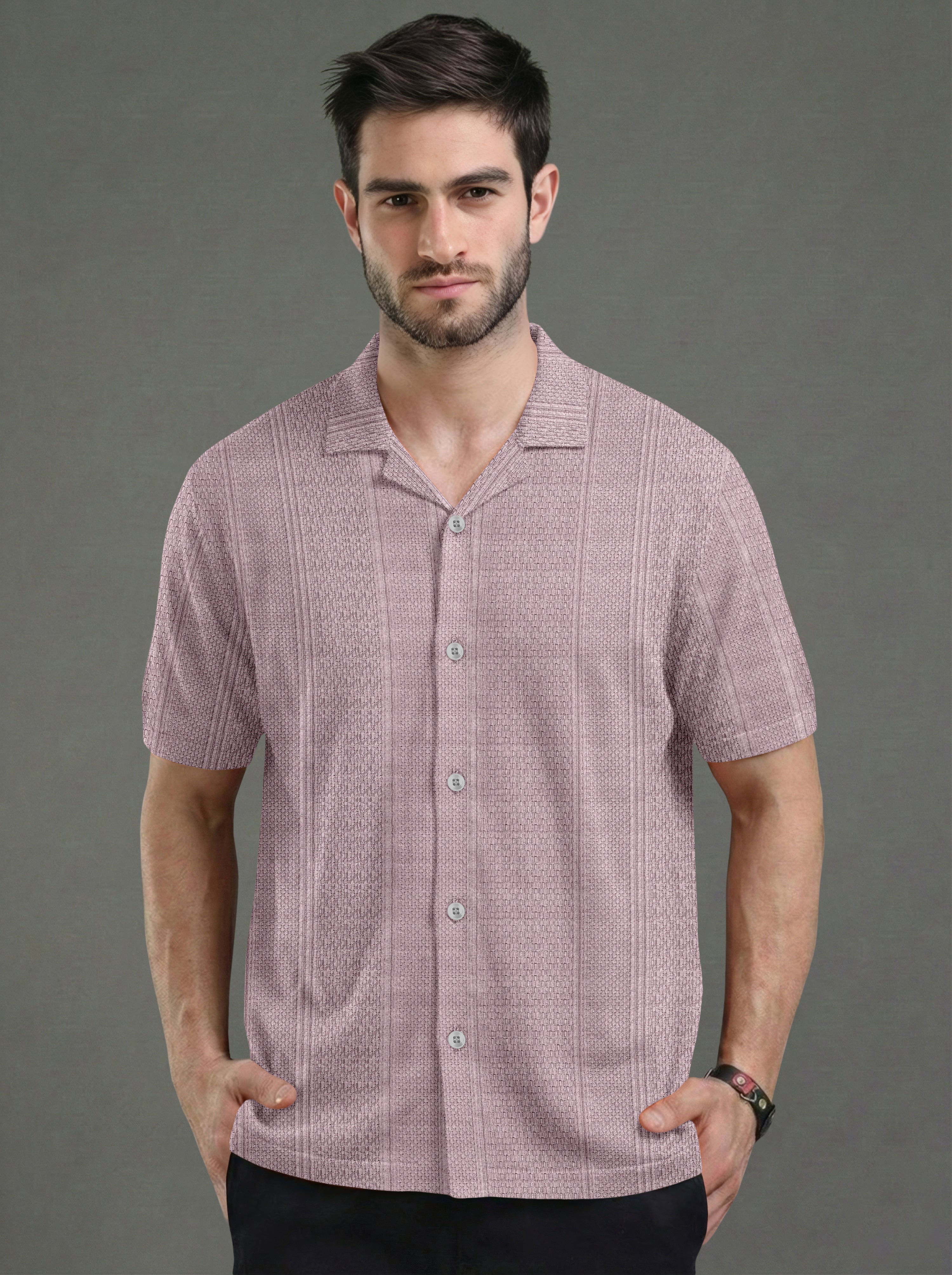 Textured Knit Relaxed Fit Cuban Collar Mauve Shirt