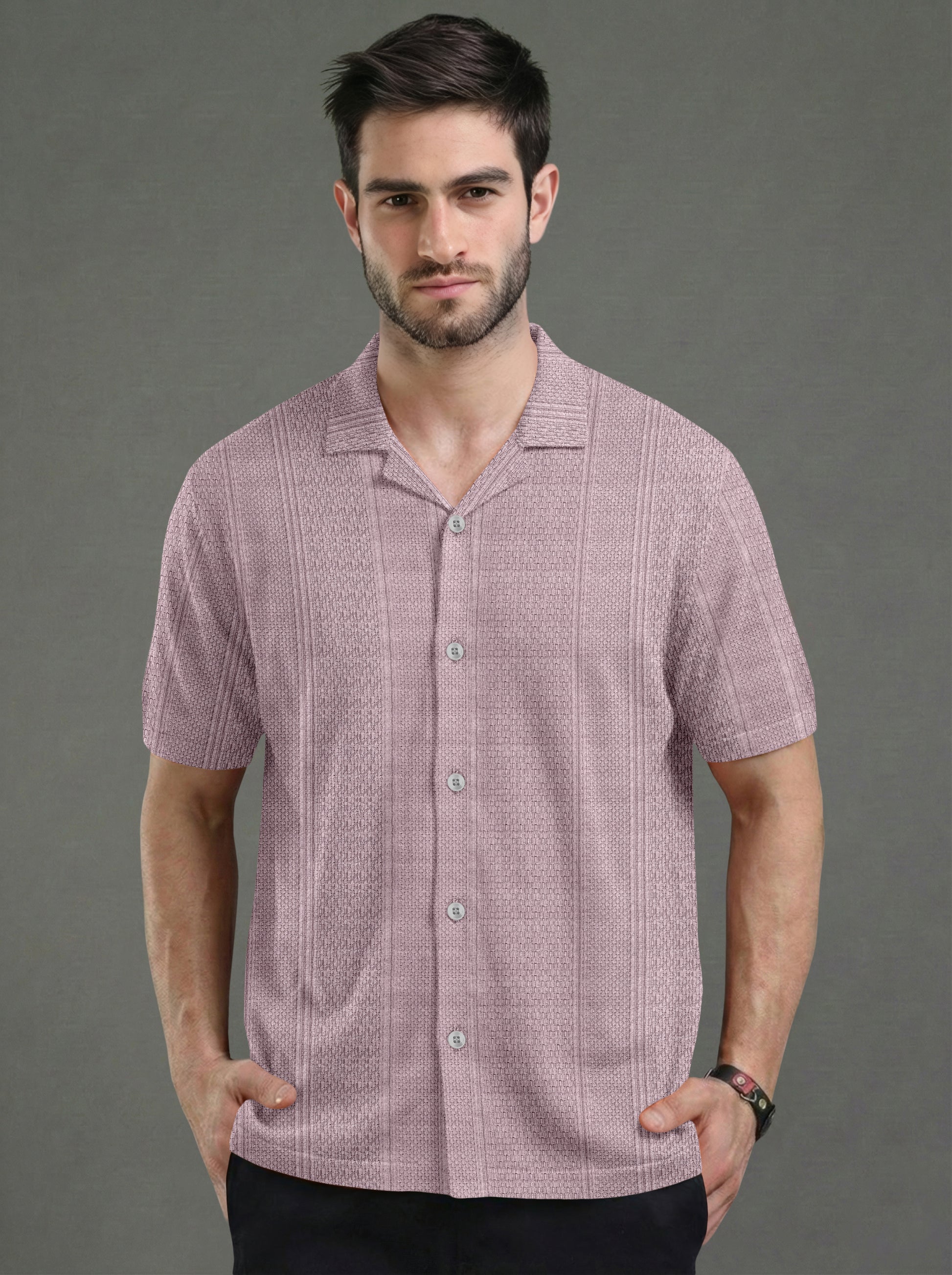 Textured Knit Relaxed Fit Cuban Collar Mauve Shirt THE EG STORE Textured Knit Relaxed Fit Cuban Collar Mauve Shirt THE EG STORE
