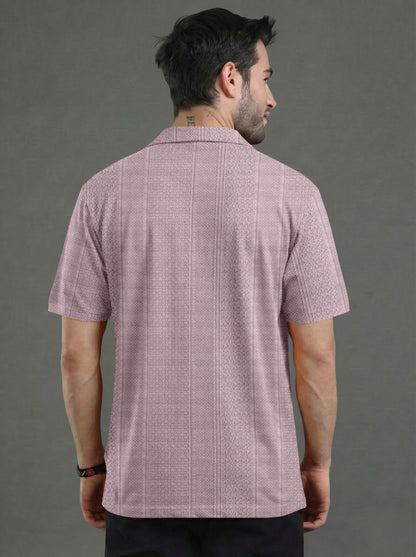 Textured Knit Relaxed Fit Cuban Collar Mauve Shirt