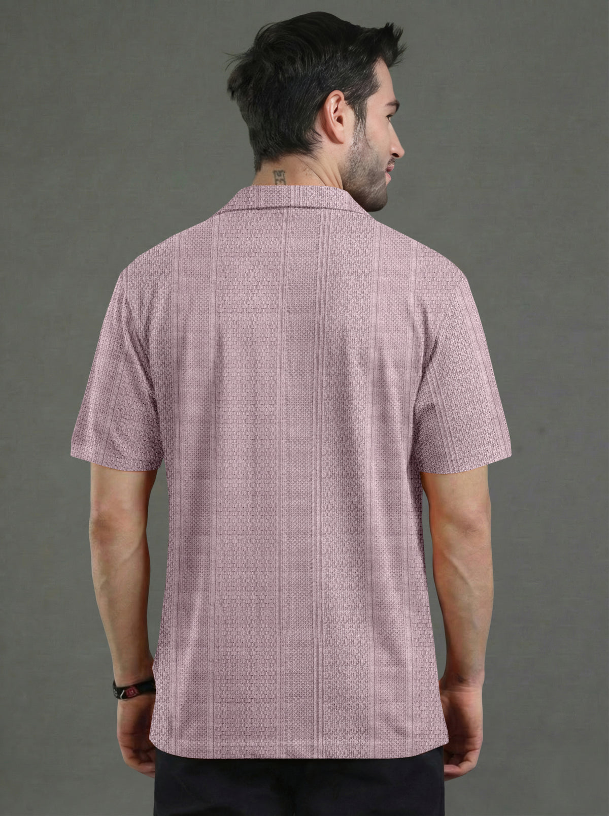 Textured Knit Relaxed Fit Cuban Collar Mauve Shirt - Hover Image