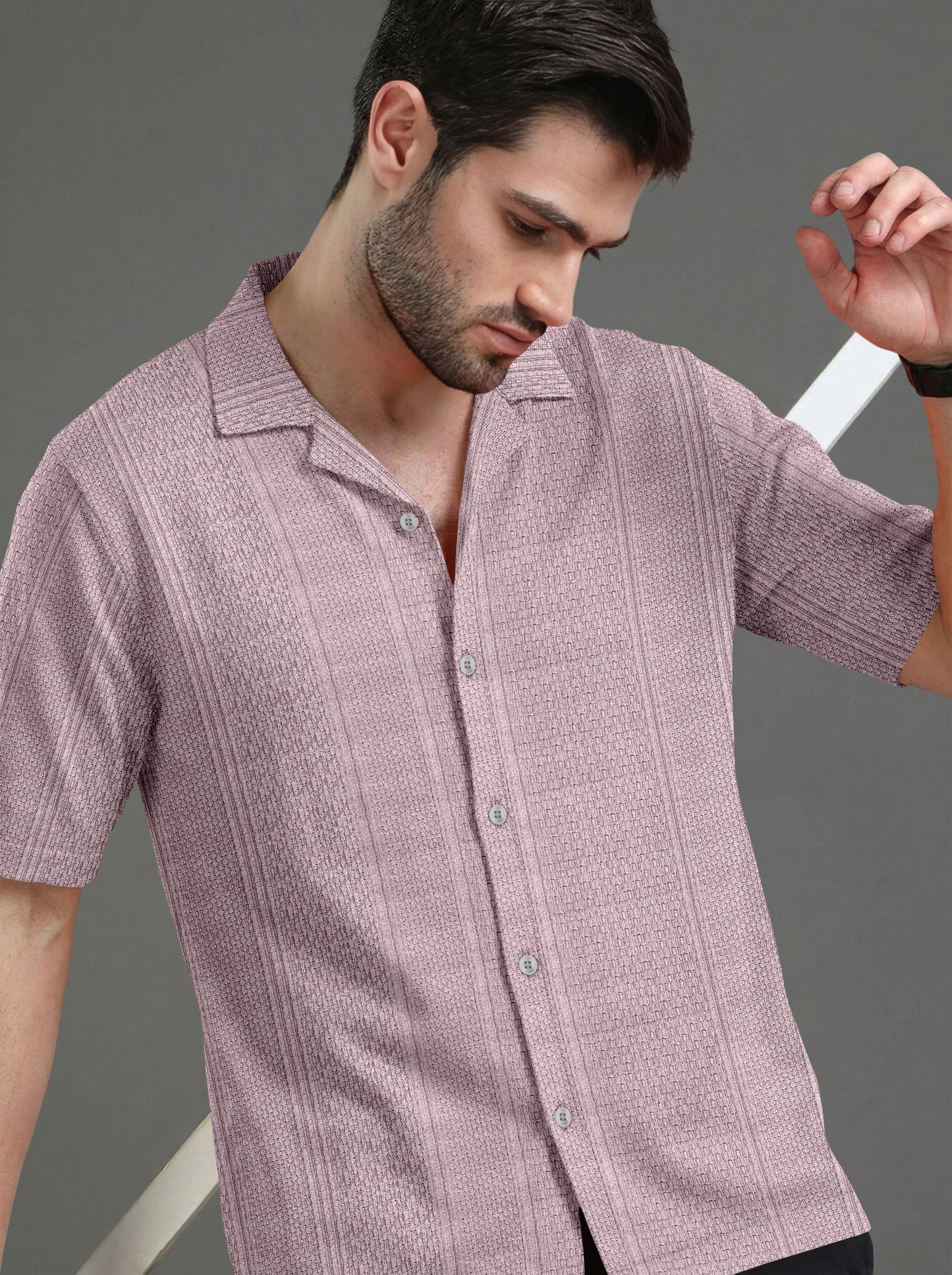 Textured Knit Relaxed Fit Cuban Collar Mauve Shirt