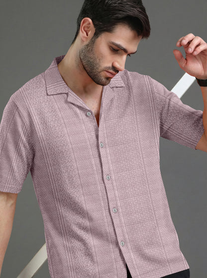 Textured Knit Relaxed Fit Cuban Collar Mauve Shirt