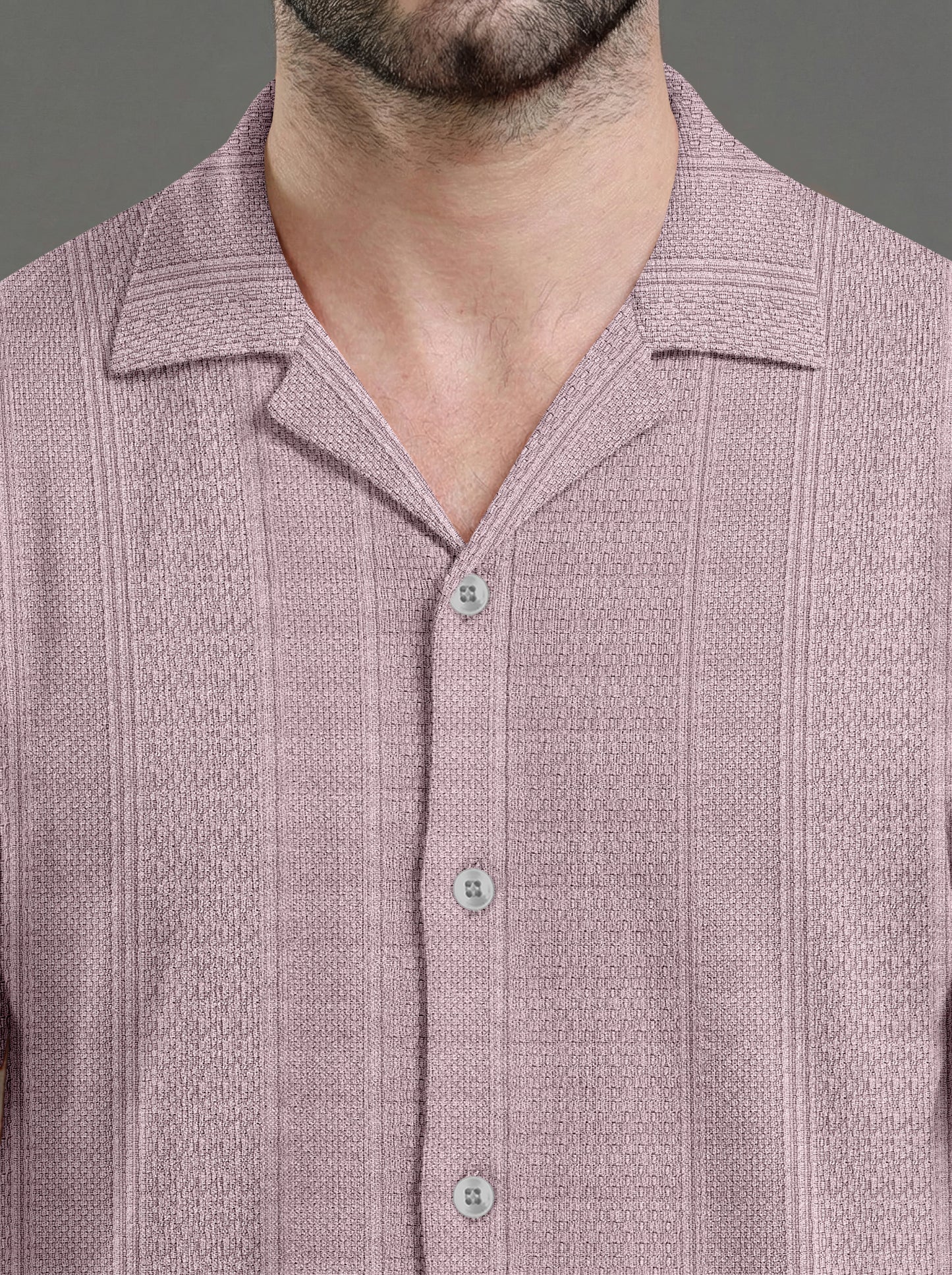 Textured Knit Relaxed Fit Cuban Collar Mauve Shirt