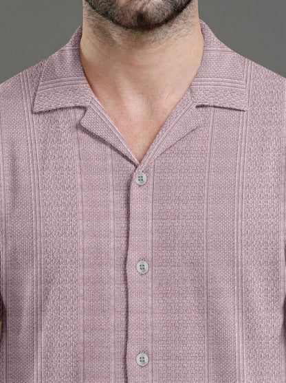 Textured Knit Relaxed Fit Cuban Collar Mauve Shirt