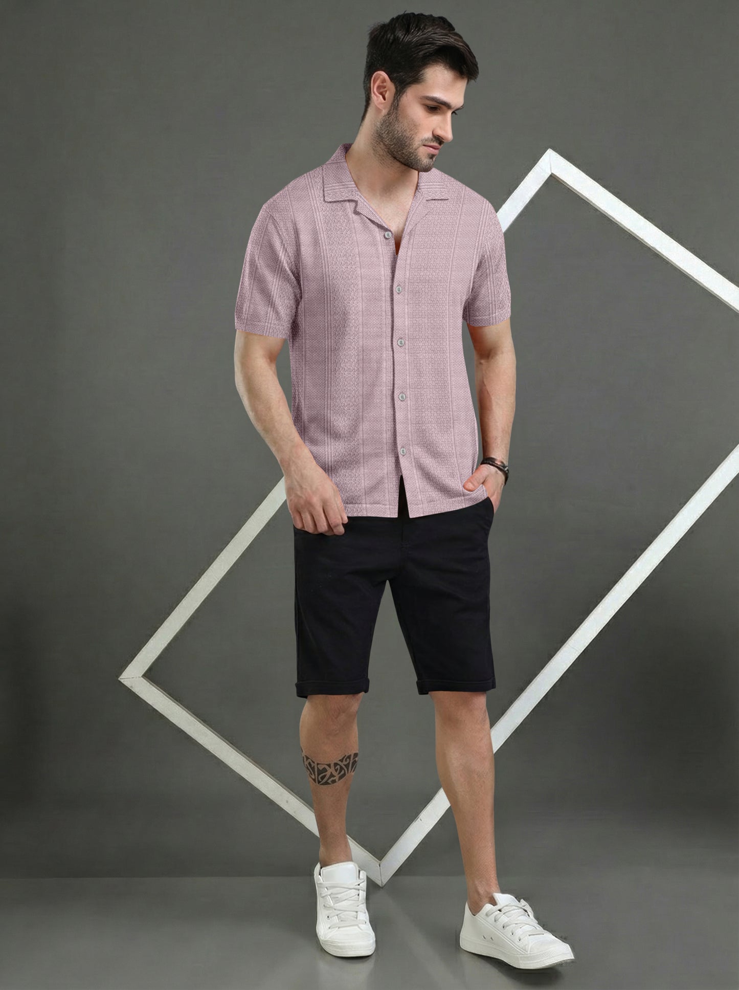 Textured Knit Relaxed Fit Cuban Collar Mauve Shirt