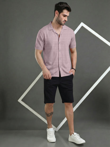 Textured Knit Relaxed Fit Cuban Collar Mauve Shirt