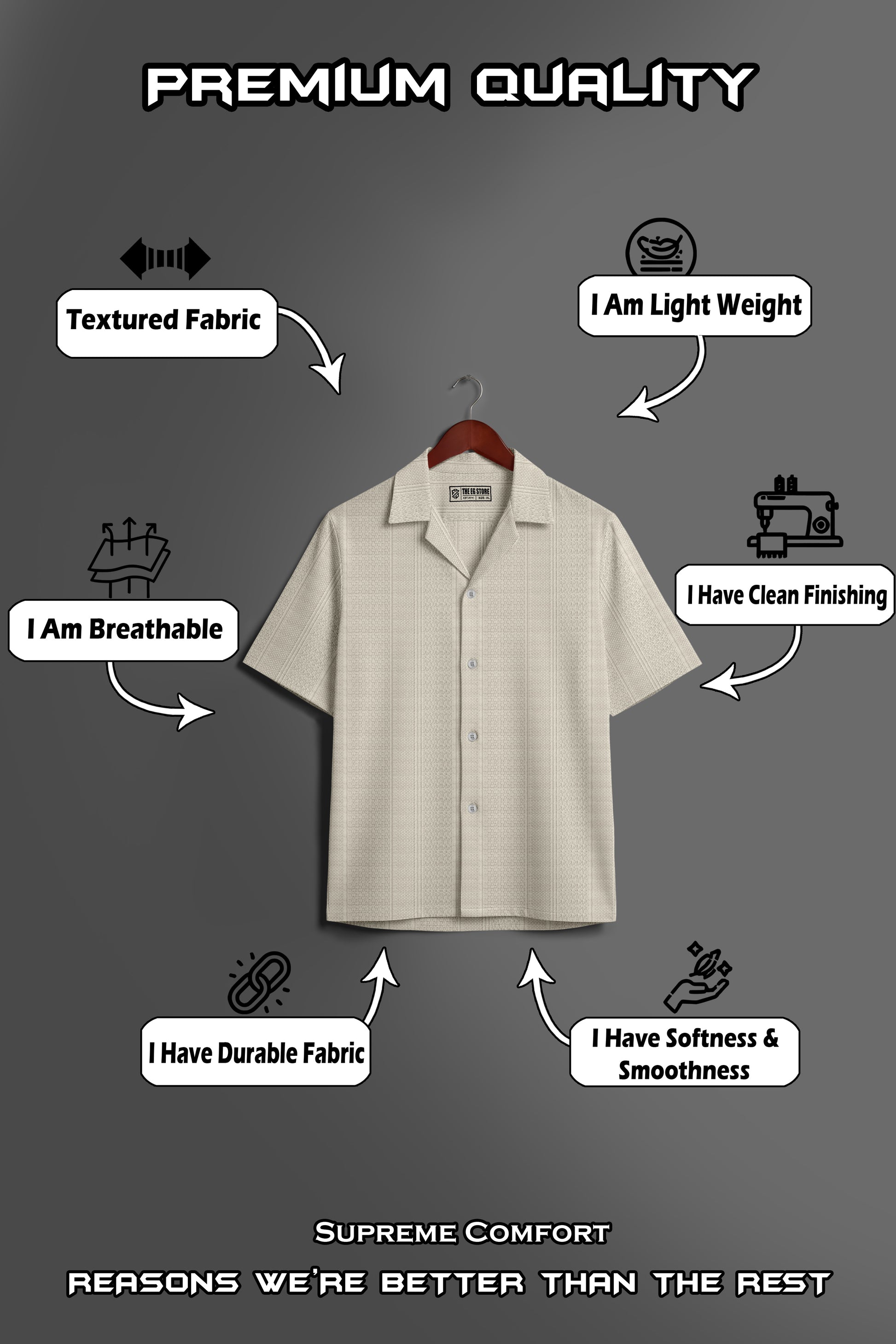 Beige textured short-sleeve shirt on hanger, highlighting breathable, lightweight, durable, soft, and clean-finished fabric.