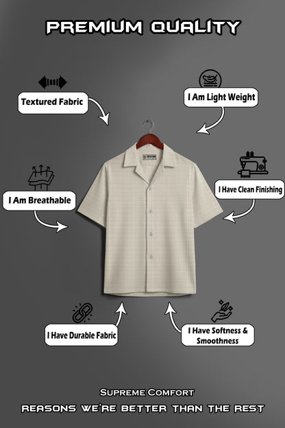 Beige textured short-sleeve shirt on hanger, highlighting breathable, lightweight, durable, soft, and clean-finished fabric.