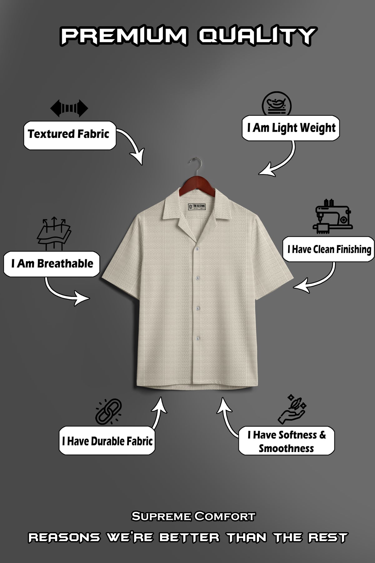 Beige textured short-sleeve shirt on hanger, highlighting breathable, lightweight, durable, soft, and clean-finished fabric.