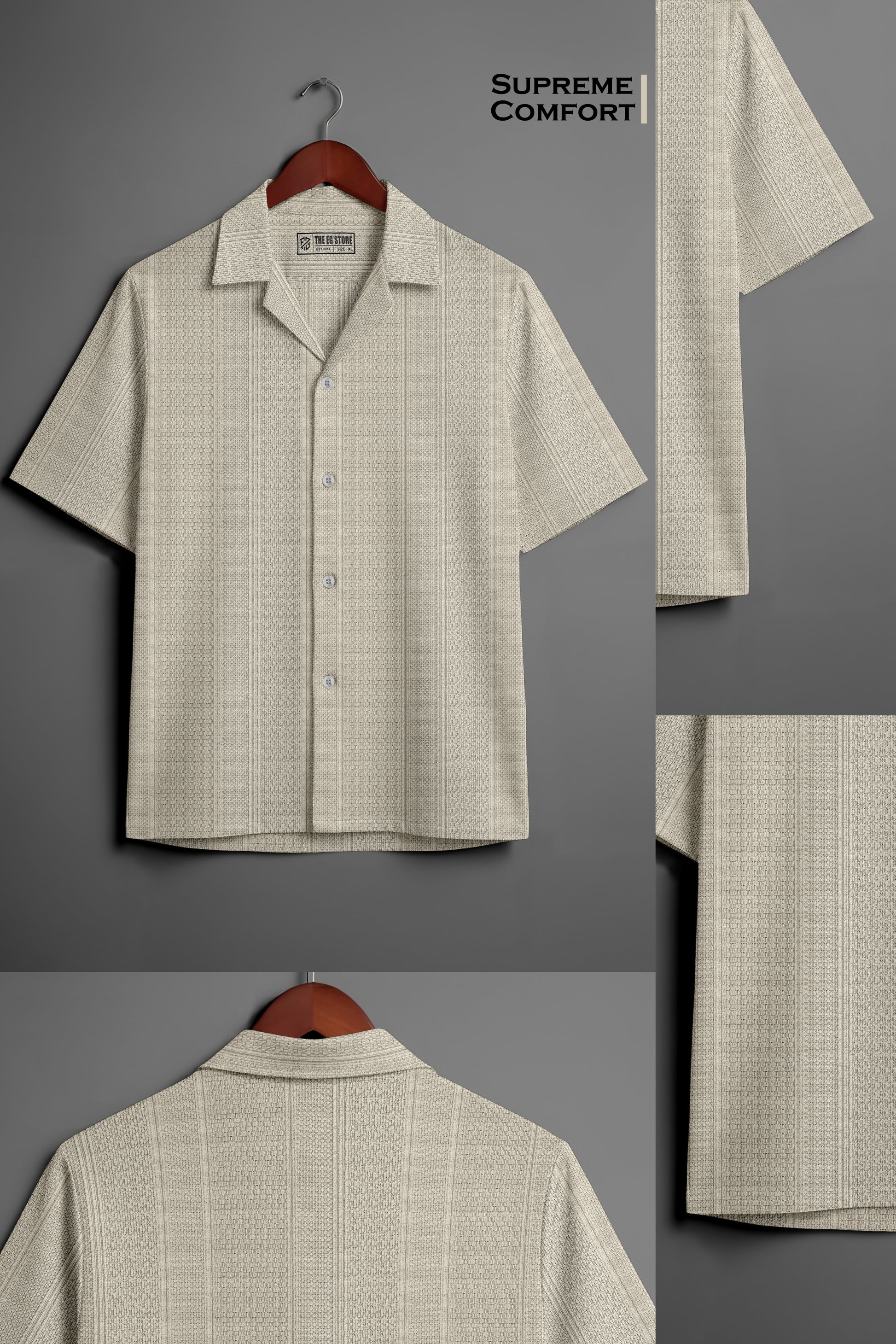 Beige textured short sleeve button-up shirt on hanger, close-up patterns and collar details