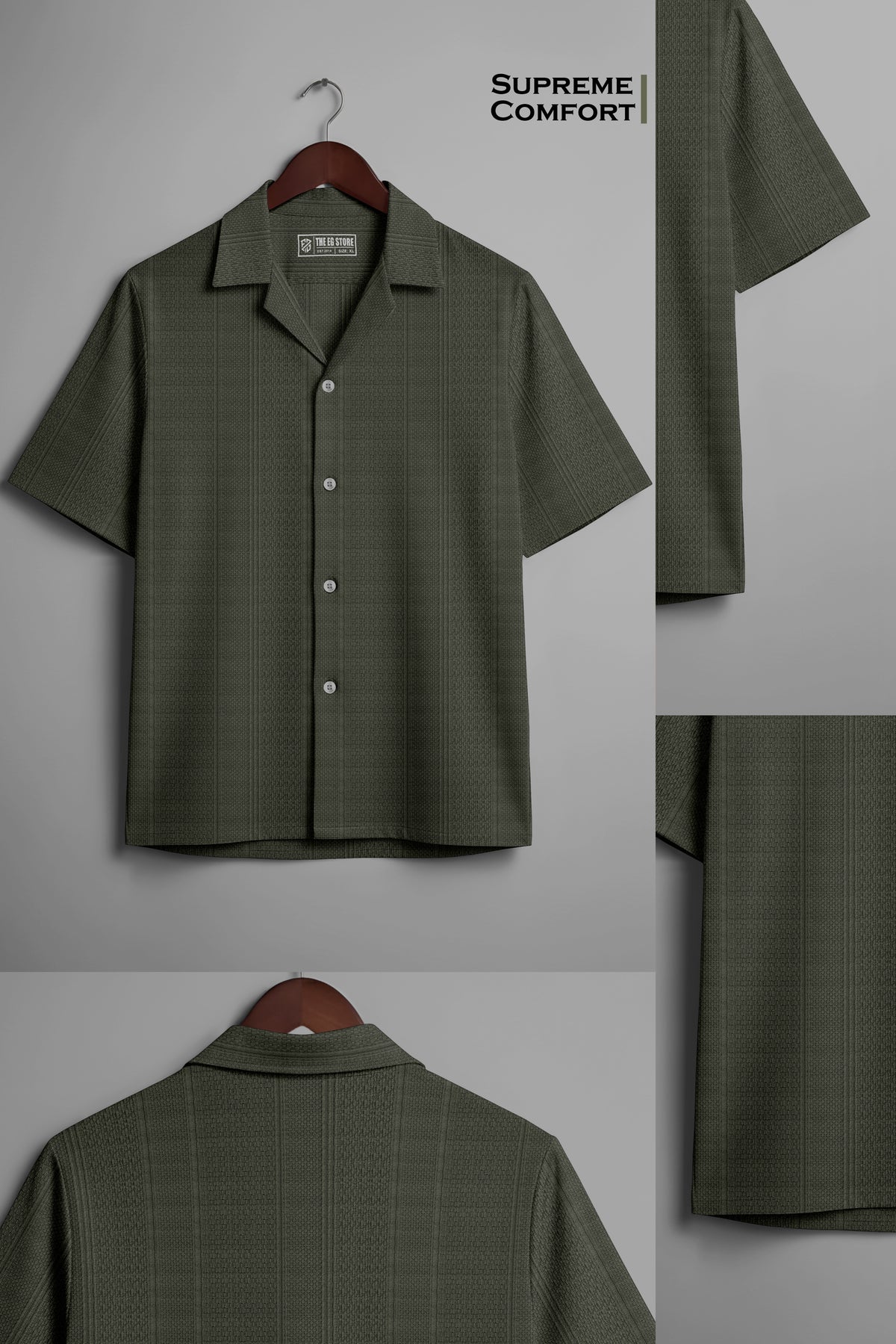 Olive green short-sleeve button-up shirt with subtle pattern, labeled supreme comfort