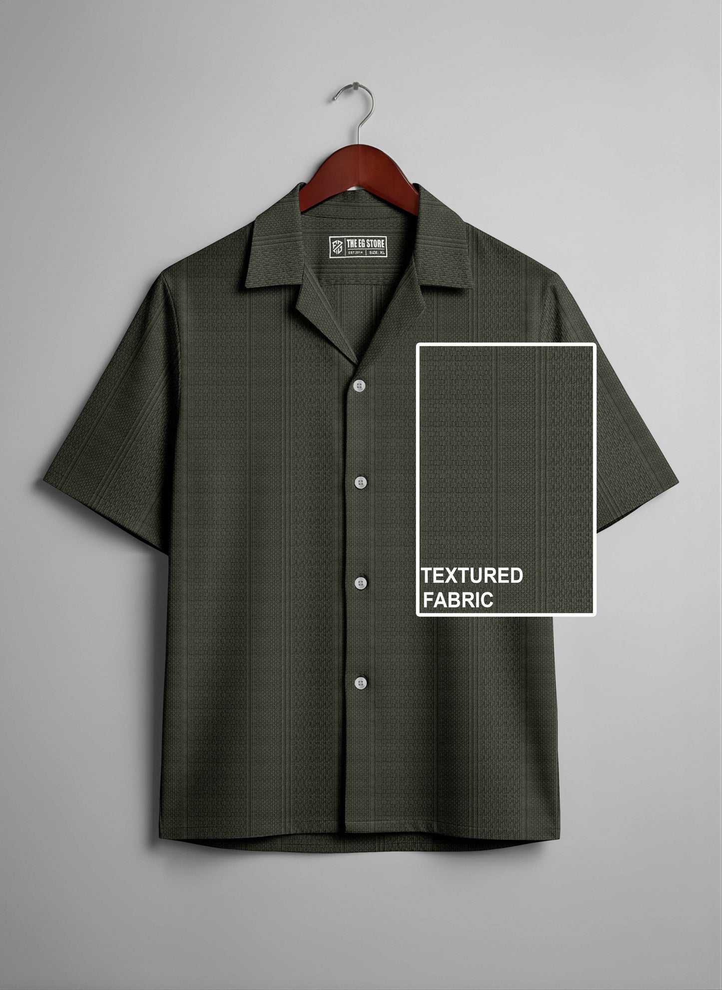 Relaxed fit olive textured knit Cuban collar shirt from THE EG STORE displayed on a model.