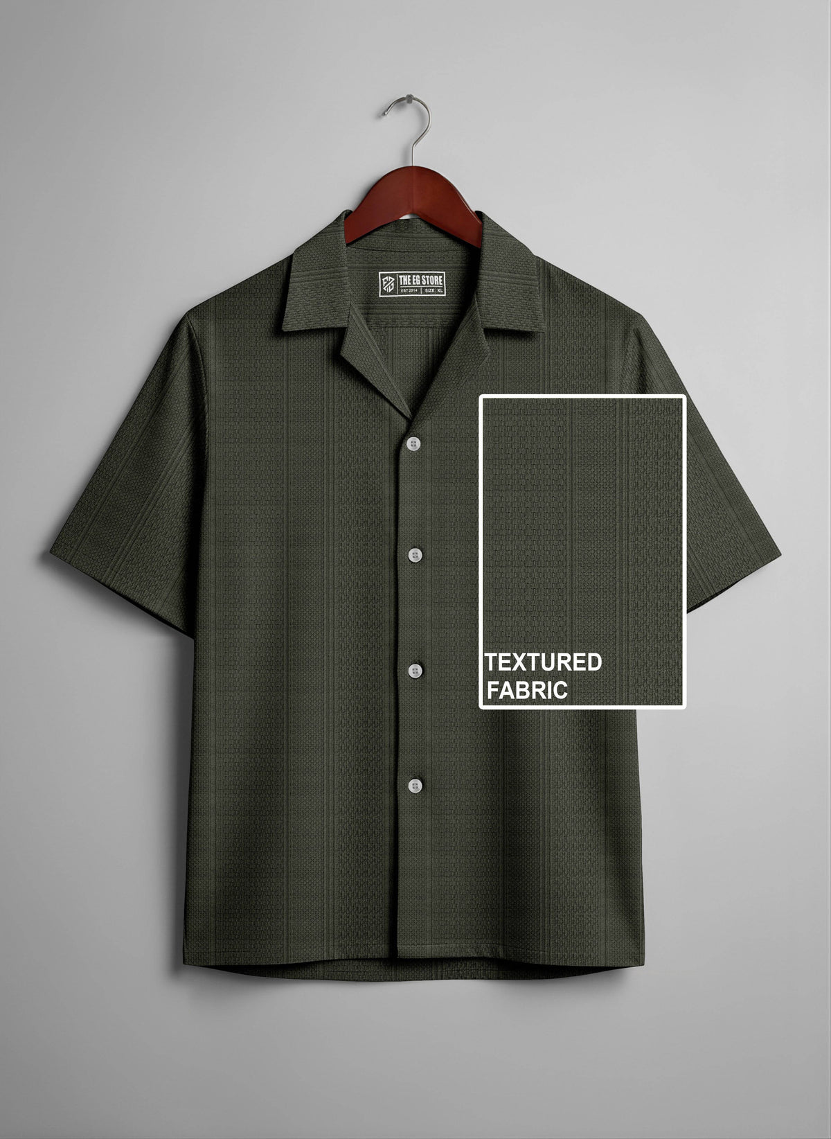 Relaxed fit olive textured knit Cuban collar shirt from THE EG STORE displayed on a model.