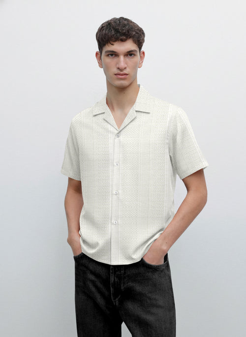 Textured Knit Relaxed Fit White Cuban Collar Shirt