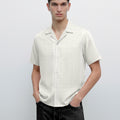 Textured Knit Relaxed Fit White Cuban Collar Shirt