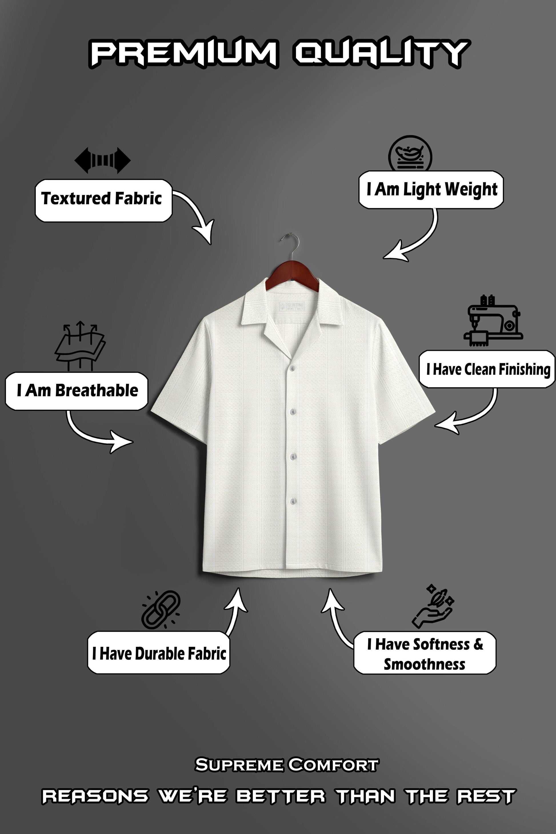 White textured knit relaxed fit Cuban collar shirt by THE EG STORE, shown laid flat highlighting fabric and collar design.