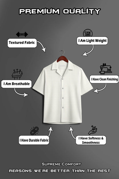 White textured knit relaxed fit Cuban collar shirt by THE EG STORE, shown laid flat highlighting fabric and collar design.