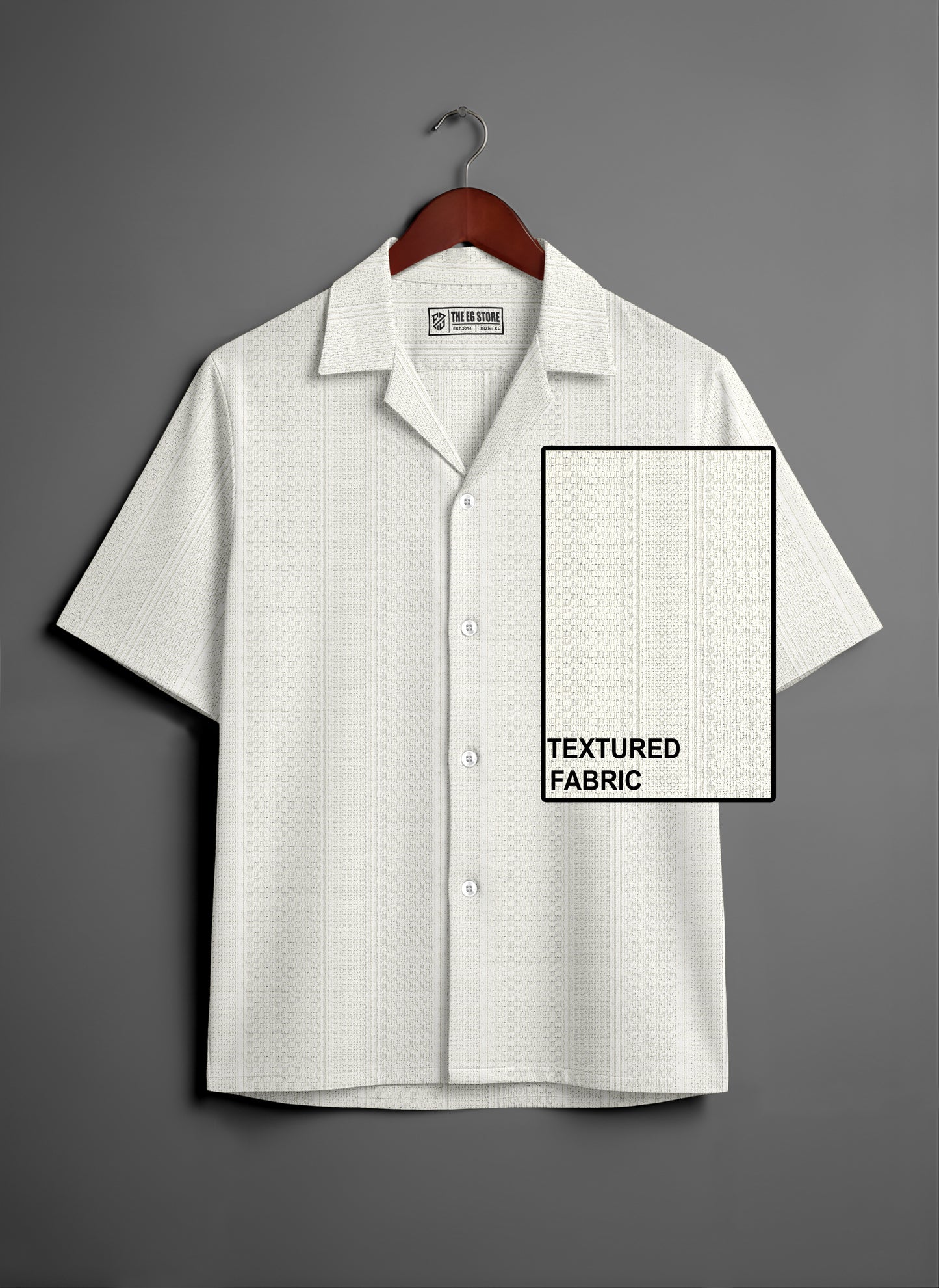 Men's short sleeve button-up shirt with white textured fabric on hanger