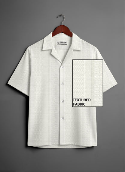 Men's short sleeve button-up shirt with white textured fabric on hanger