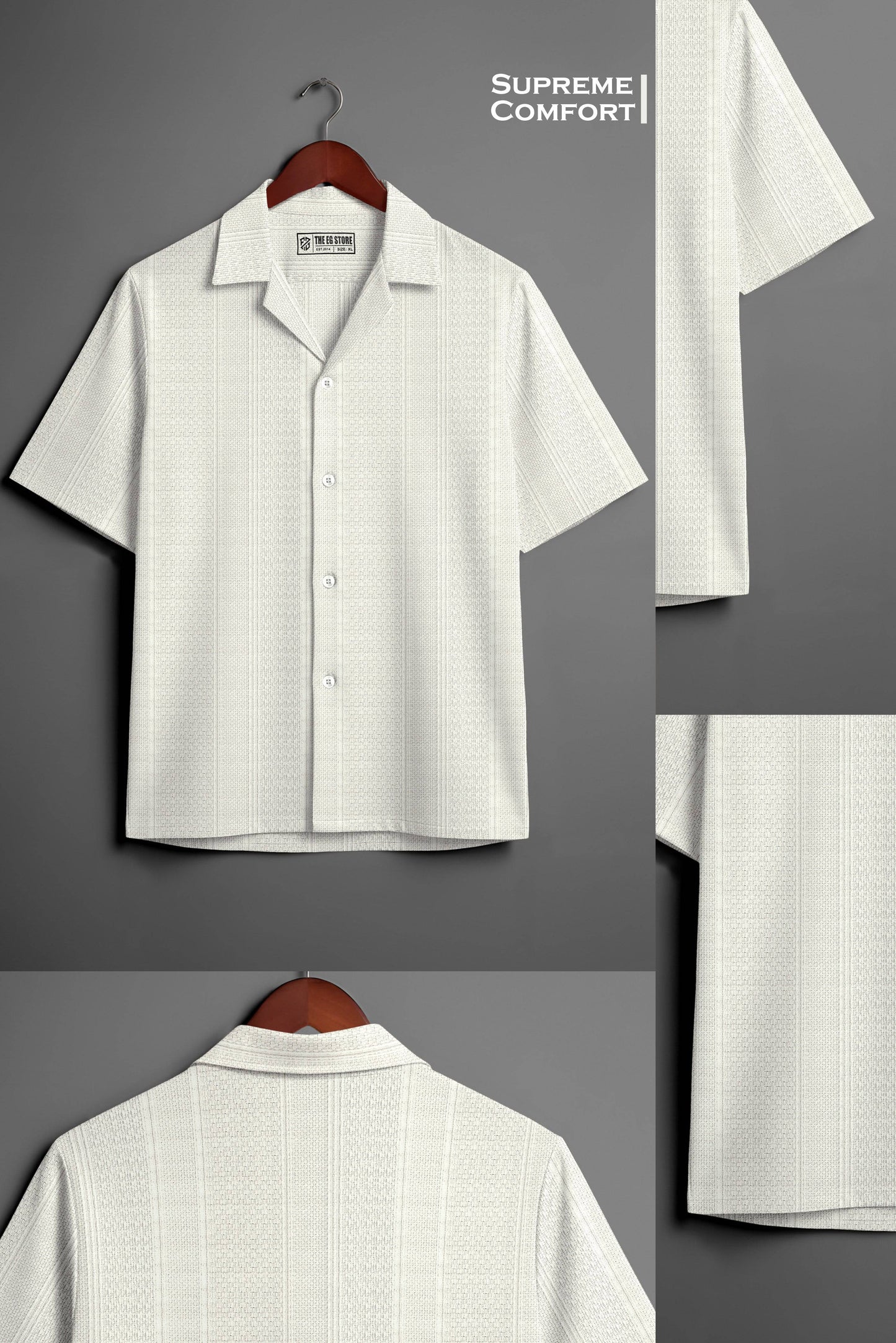 White textured knit relaxed fit Cuban collar shirt by THE EG STORE, shown flat with collar and short sleeves.
