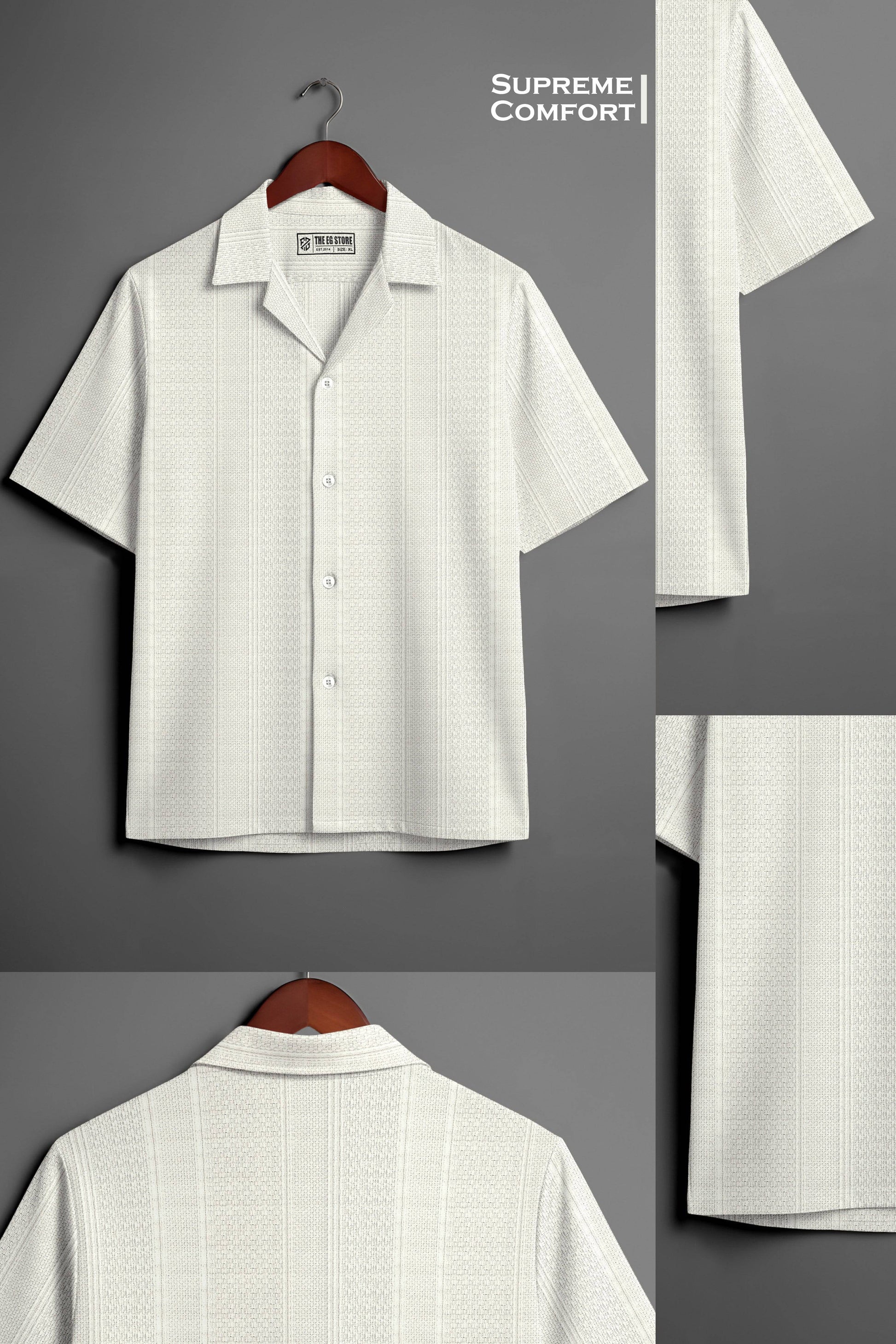 White textured knit relaxed fit Cuban collar shirt by THE EG STORE, shown flat with collar and short sleeves.