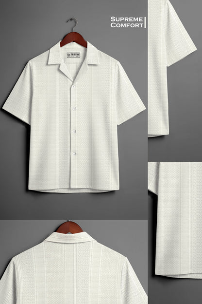 White textured knit relaxed fit Cuban collar shirt by THE EG STORE, shown flat with collar and short sleeves.