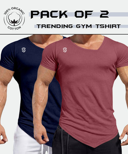 Pack of 2 men's gym t-shirts, maroon and navy, 100% organic cotton, short sleeve