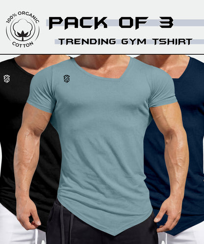 Pack of 3 men's organic cotton gym t-shirts in black, blue, and teal colors