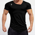 Fitted black V-neck workout T-shirt with short sleeves and white chest logo