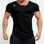 Fitted black V-neck workout T-shirt with short sleeves and white chest logo