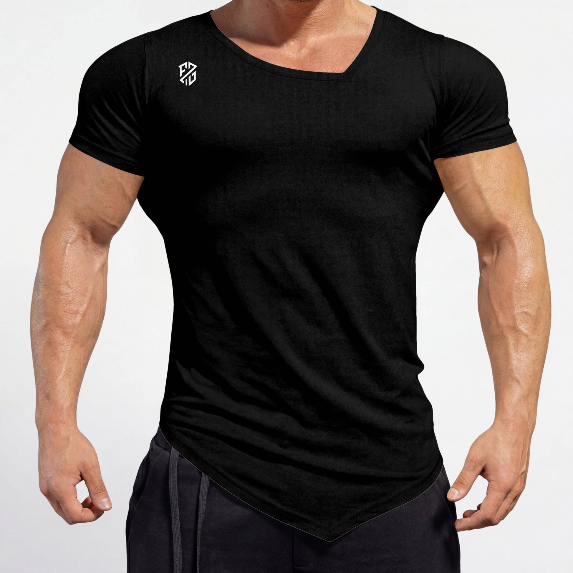 Fitted black V-neck workout T-shirt with short sleeves and white chest logo