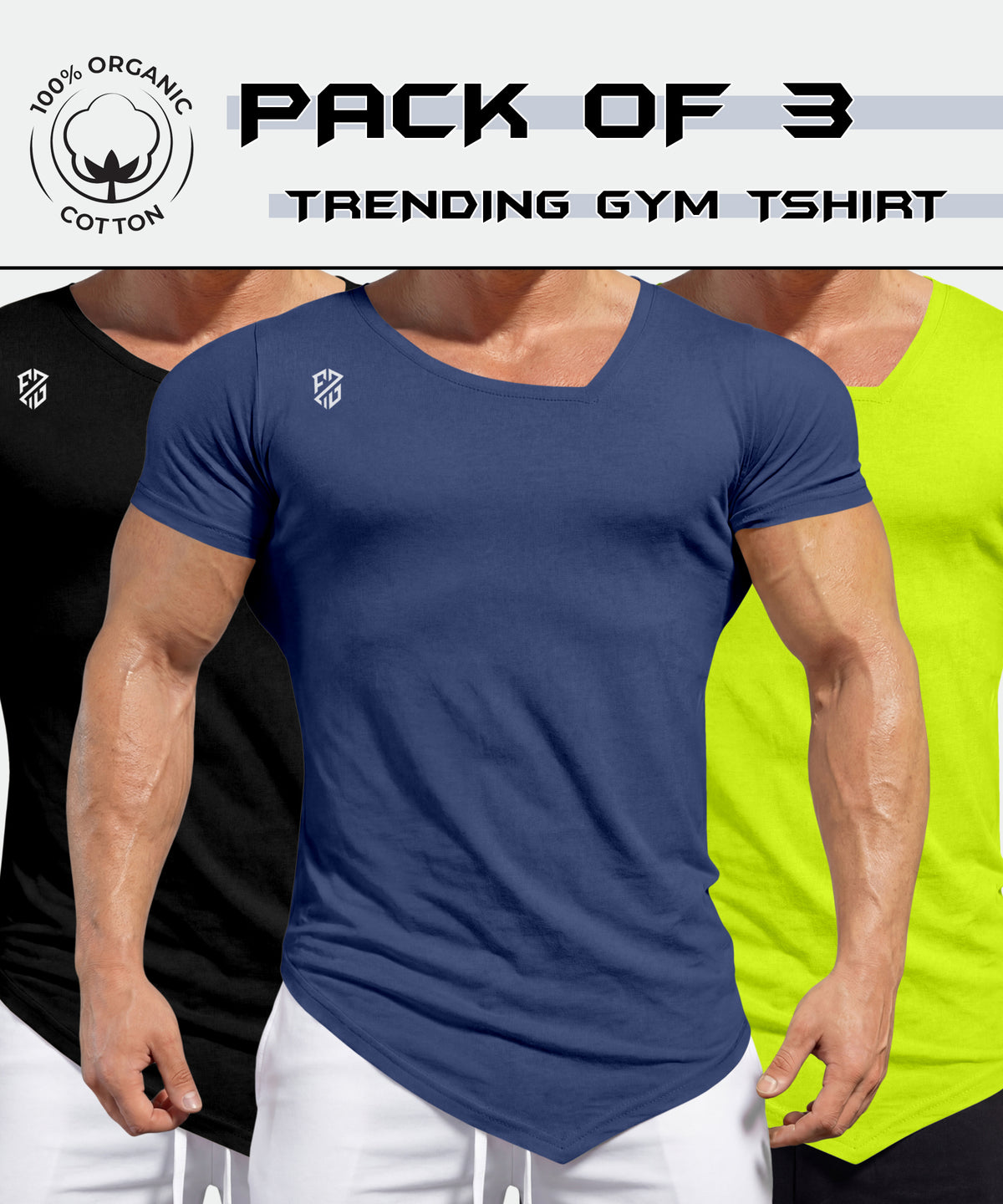 Pack of 3 men's organic cotton gym t-shirts in black, blue, and neon yellow