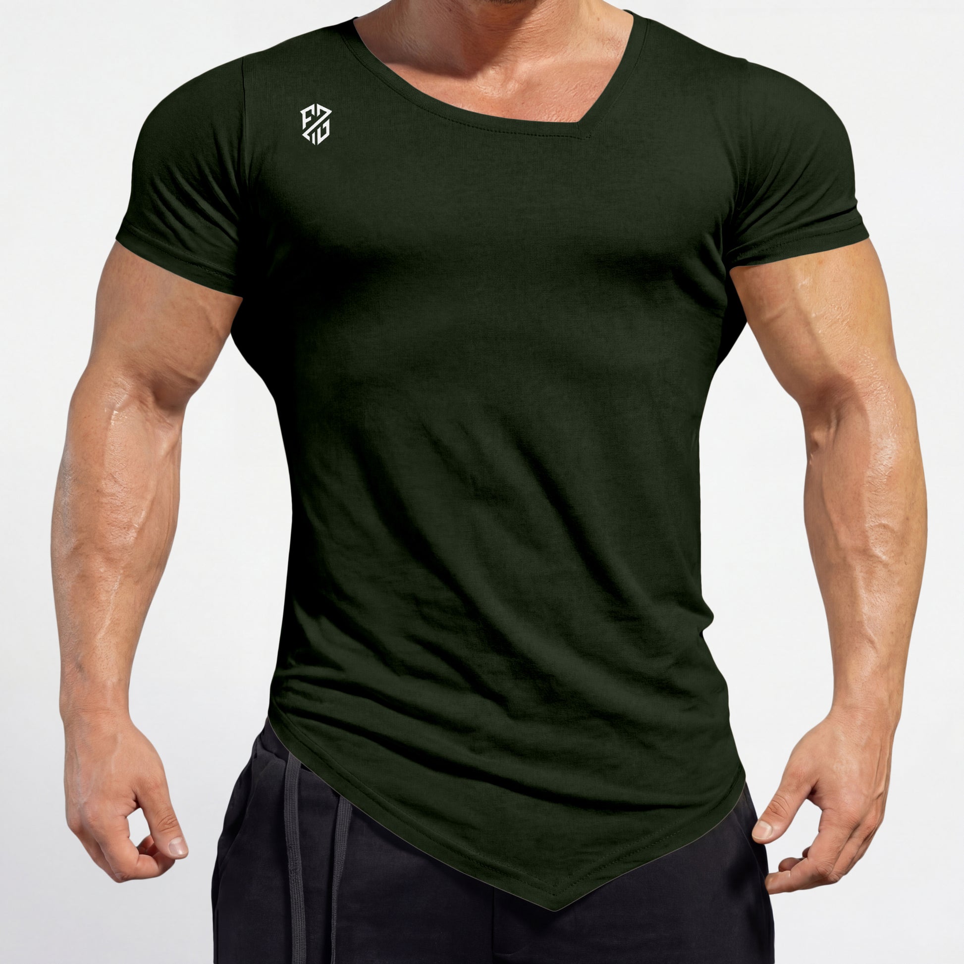 Athletic man wearing fitted dark green V-neck workout t-shirt and black pants