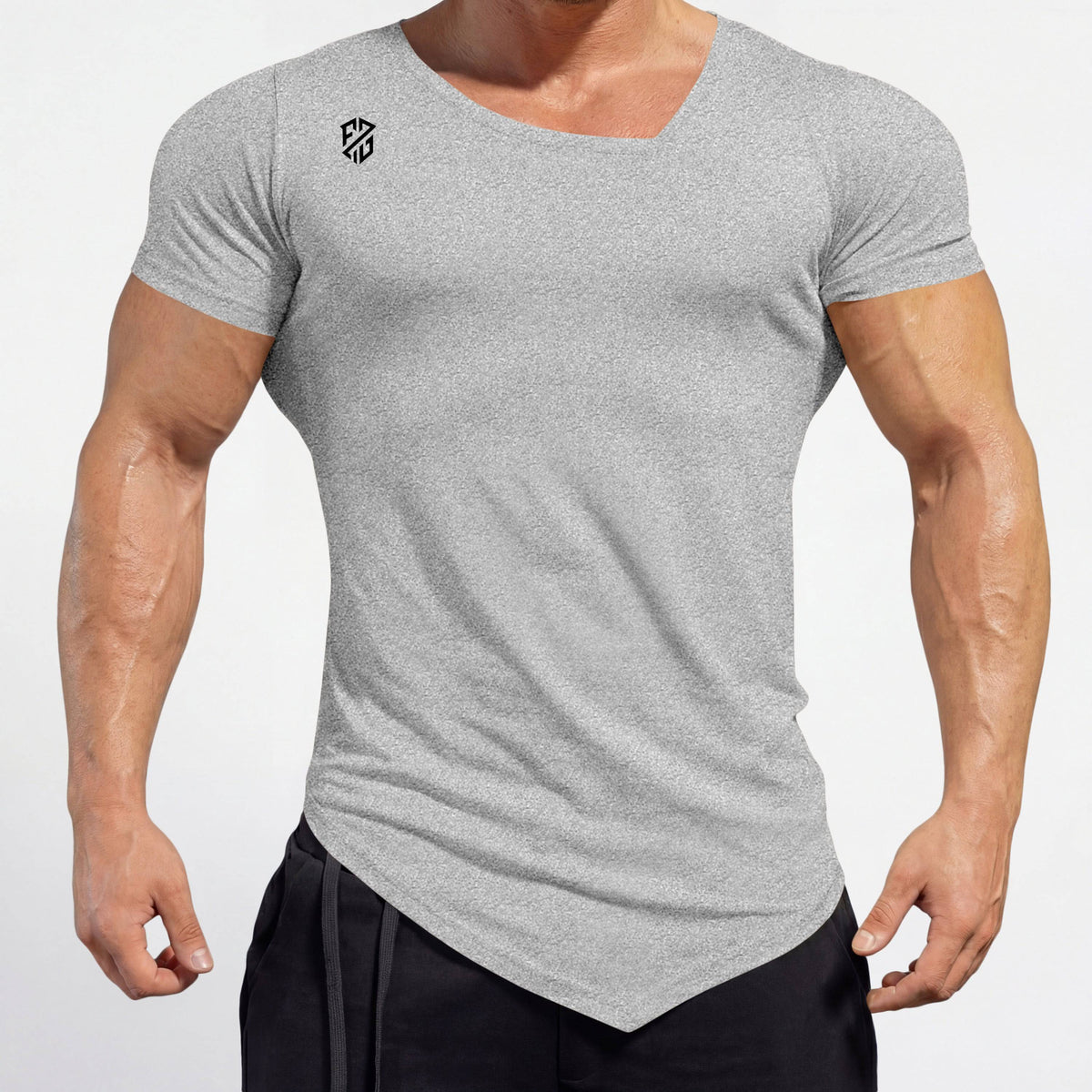 Fitted light gray athletic t-shirt with short sleeves and small chest logo on a muscular man
