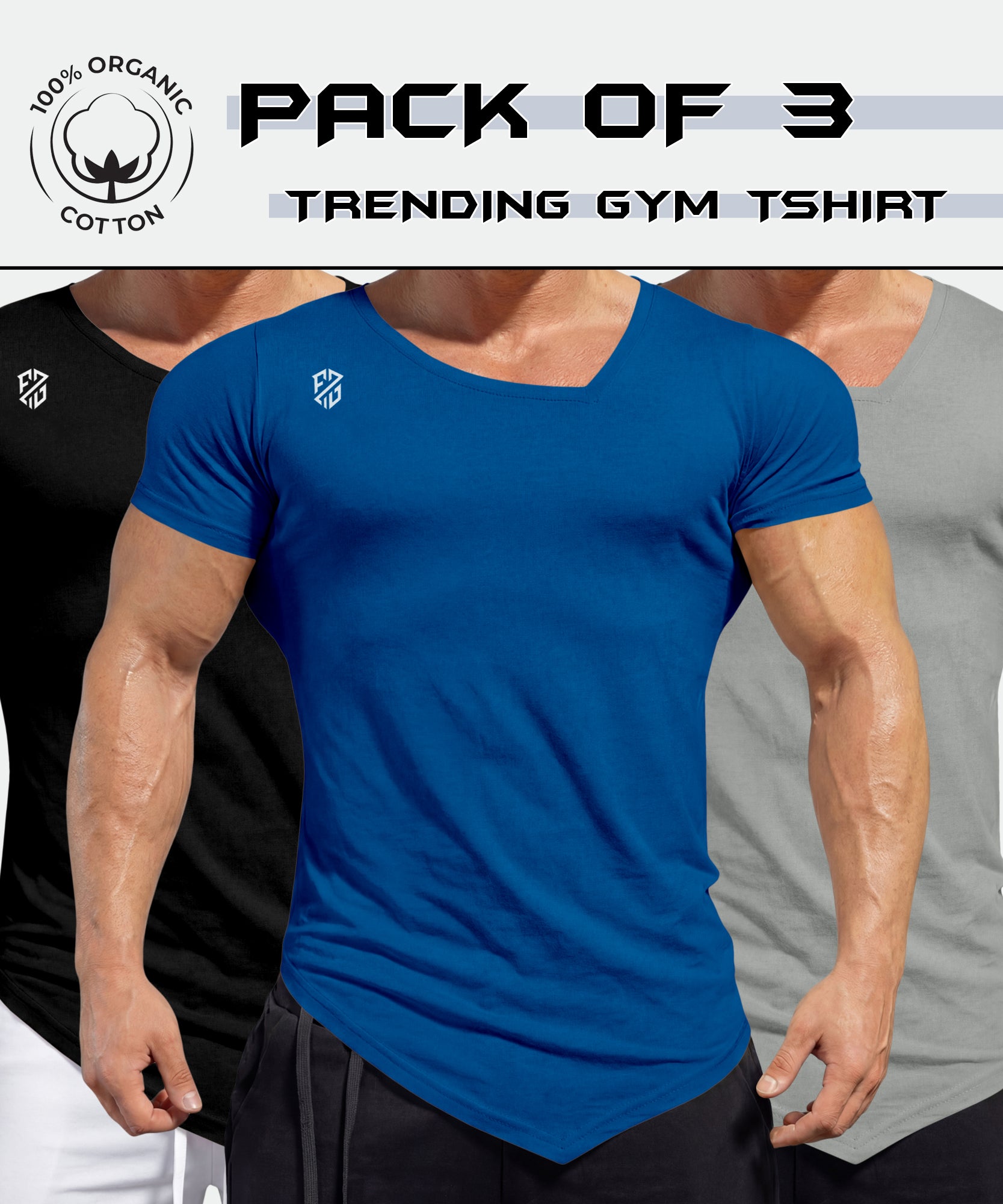 Pack of 3 men's trending gym t-shirts in blue, black, and grey, 100% organic cotton