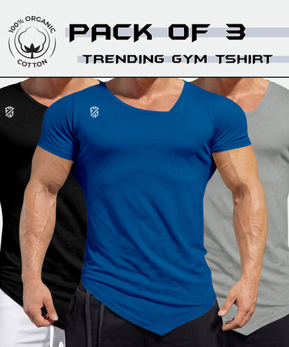 Pack of 3 men's trending gym t-shirts in blue, black, and grey, 100% organic cotton