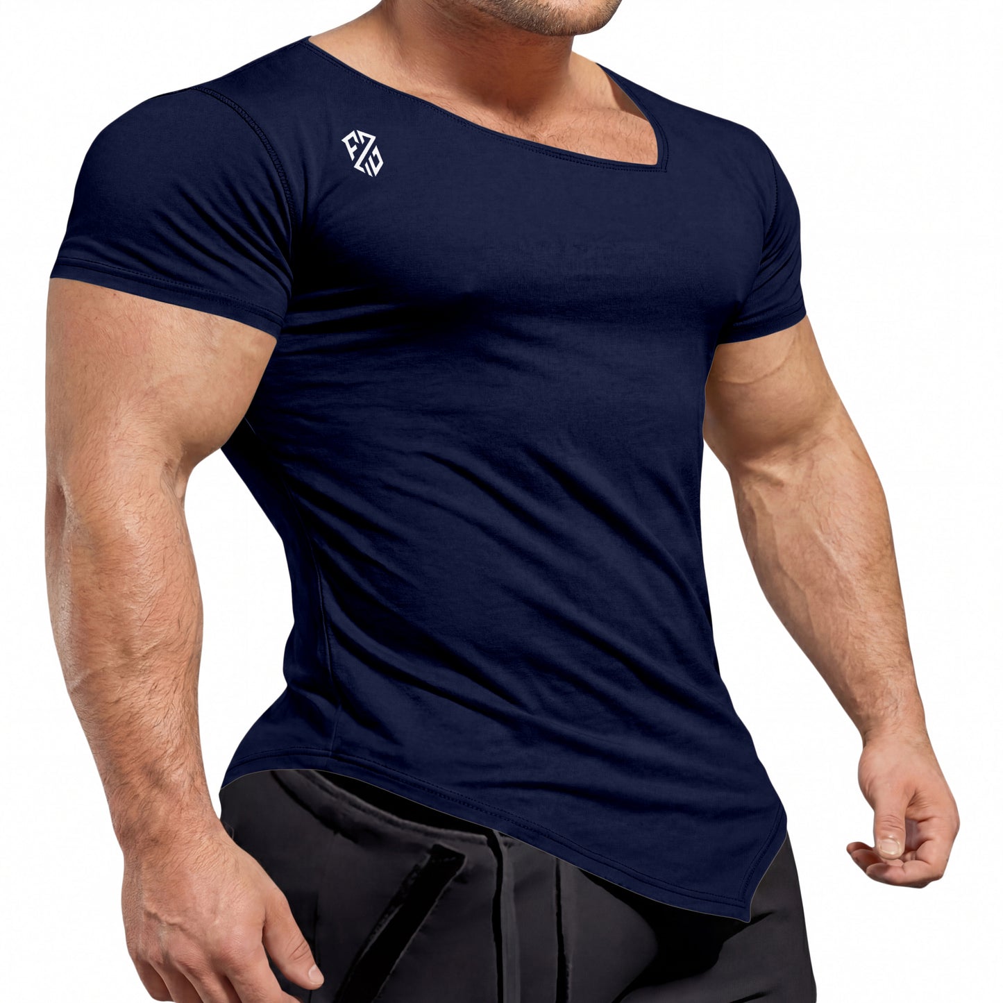 Men's fitted navy blue athletic t-shirt with white chest logo, short sleeves