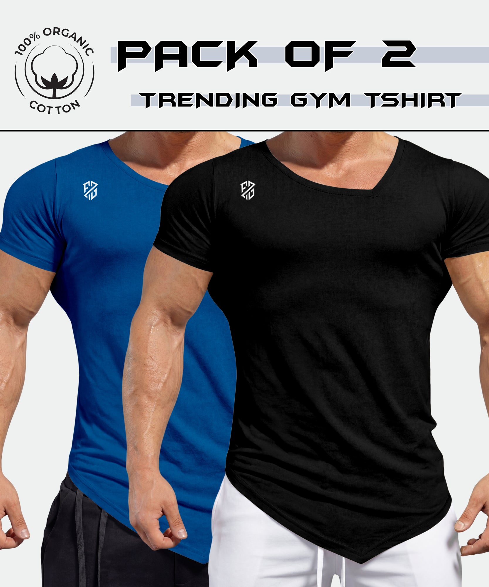 Pack of 2 organic cotton gym t-shirts for men in black and blue, muscle fit