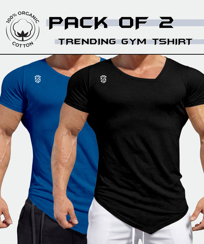 Pack of 2 organic cotton gym t-shirts for men in black and blue, muscle fit