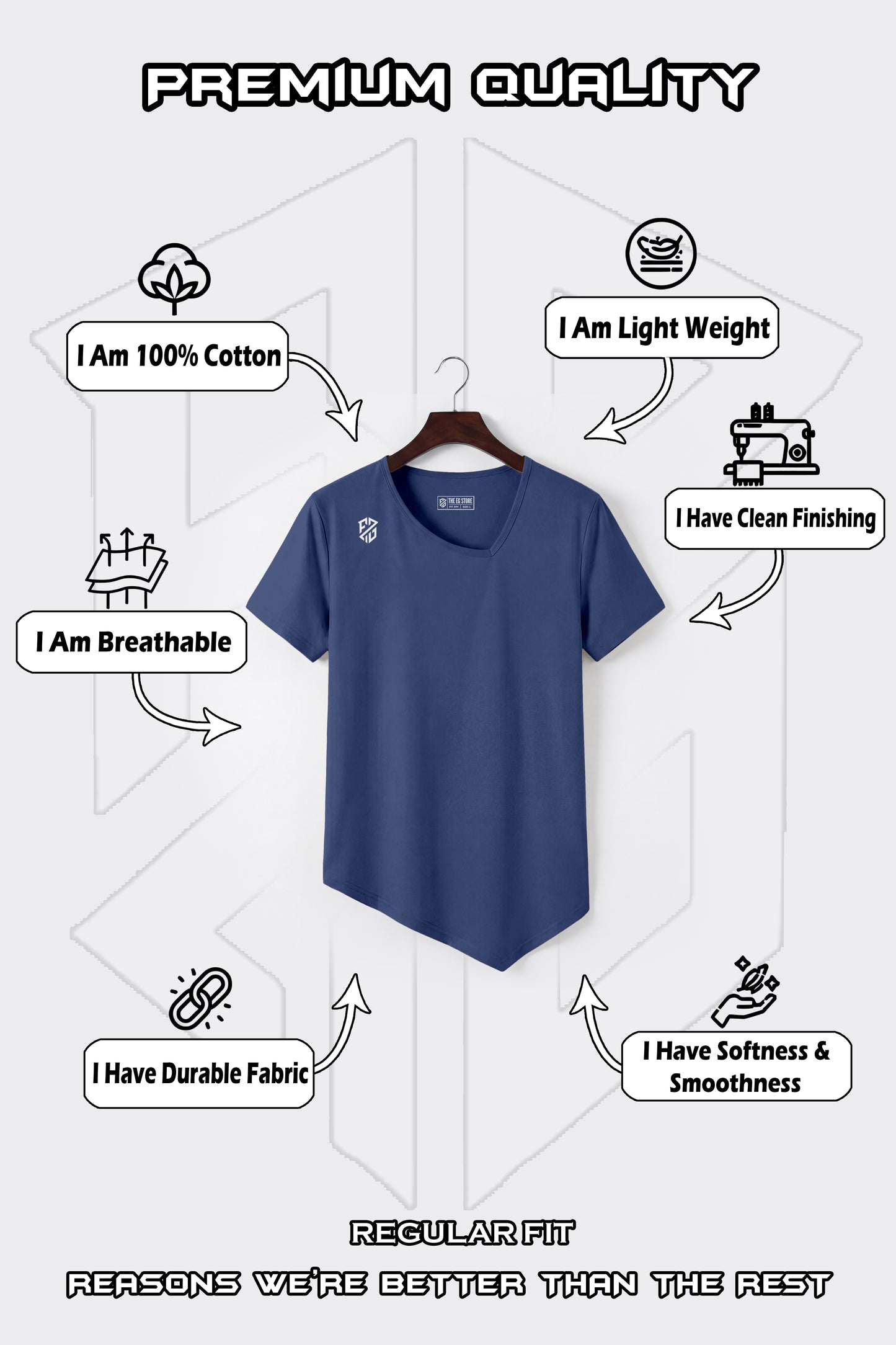 Blue regular fit cotton t-shirt on hanger, lightweight, breathable, durable, soft, clean finish