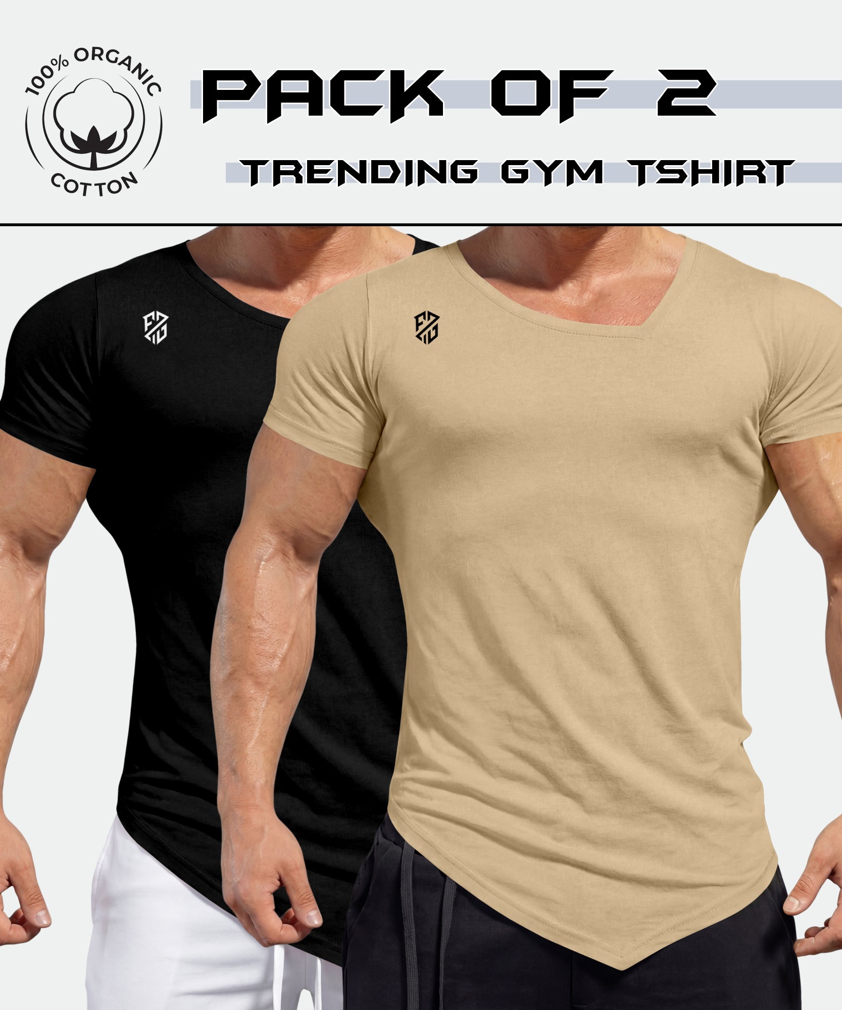 Pack of 2 men's gym t-shirts, black and beige, 100% organic cotton, short sleeve