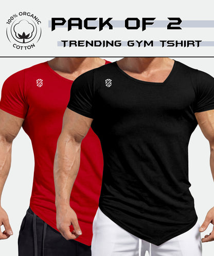Pack of 2 men's trending gym t-shirts, black and red, 100% organic cotton