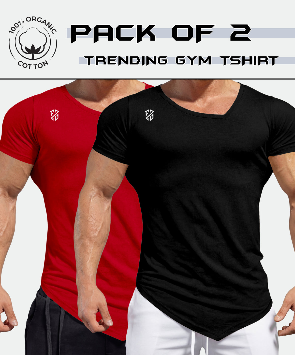 Pack of 2 men's trending gym t-shirts, black and red, 100% organic cotton