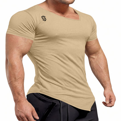 Beige fitted short sleeve men’s gym t-shirt with black logo, athletic wear style
