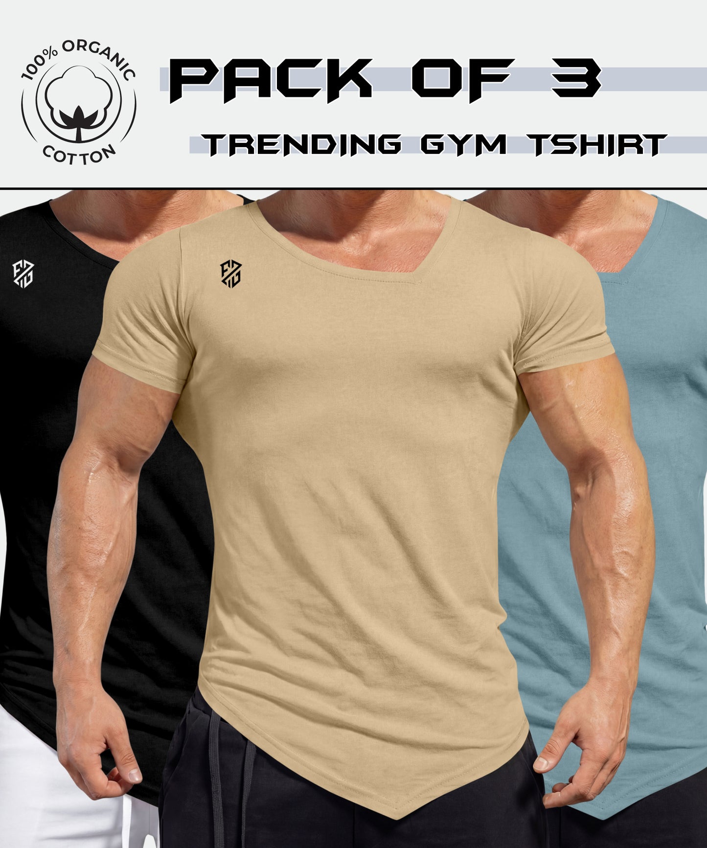Pack of 3 men's organic cotton gym t-shirts in black, beige, and blue colors
