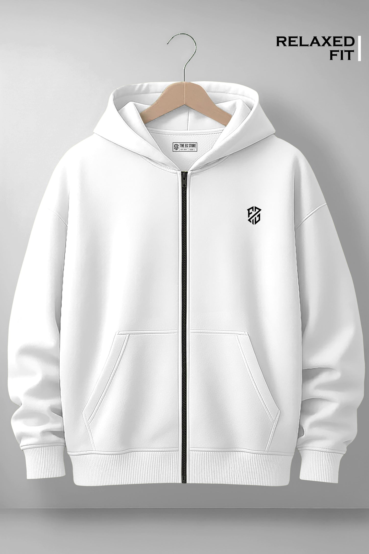 White relaxed fit zip-up hoodie with front pockets and minimalist black chest logo