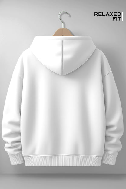 Back view of a plain white relaxed fit hoodie on hanger, minimalist style
