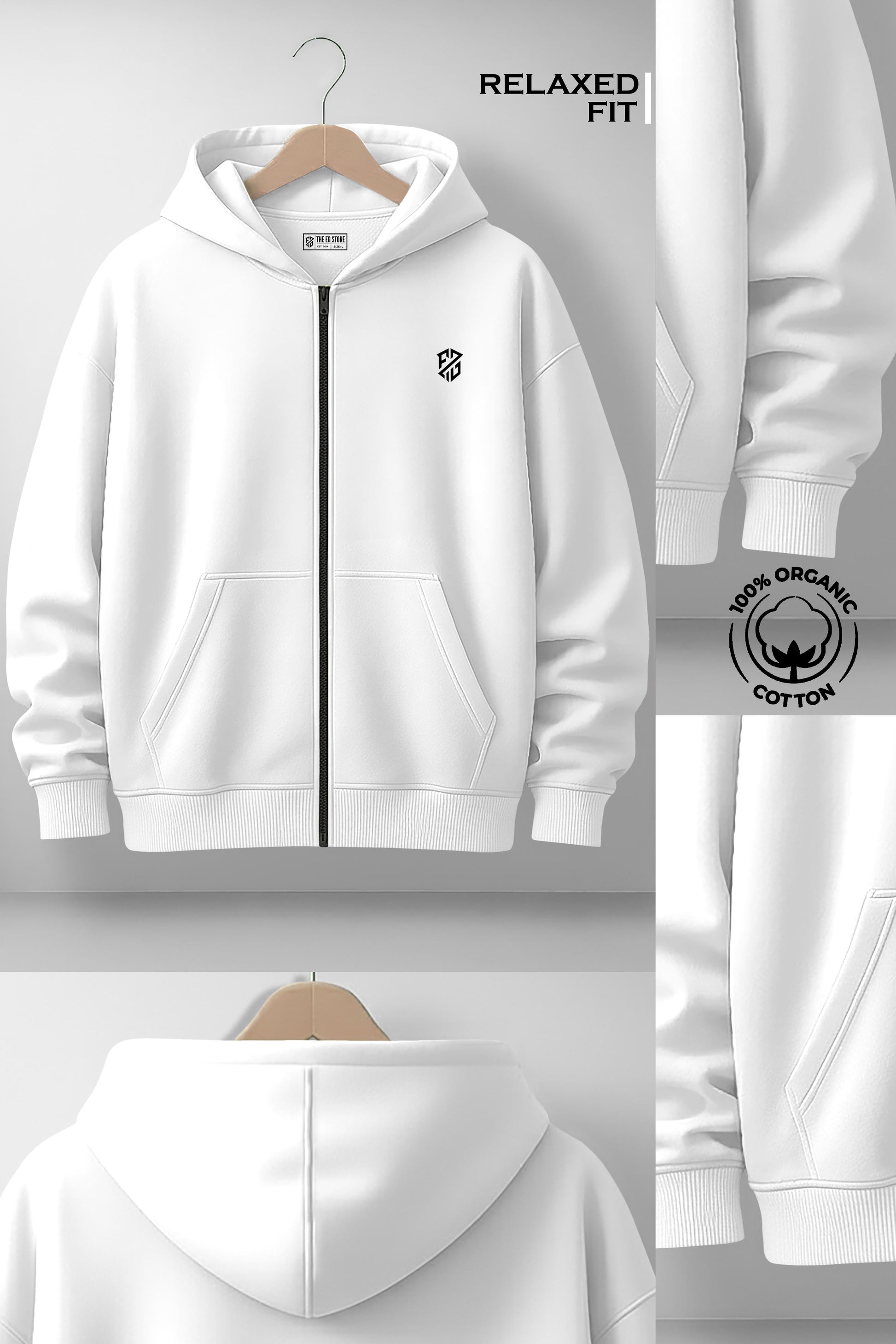White organic cotton zip hoodie, relaxed fit, minimalist logo, front and back views